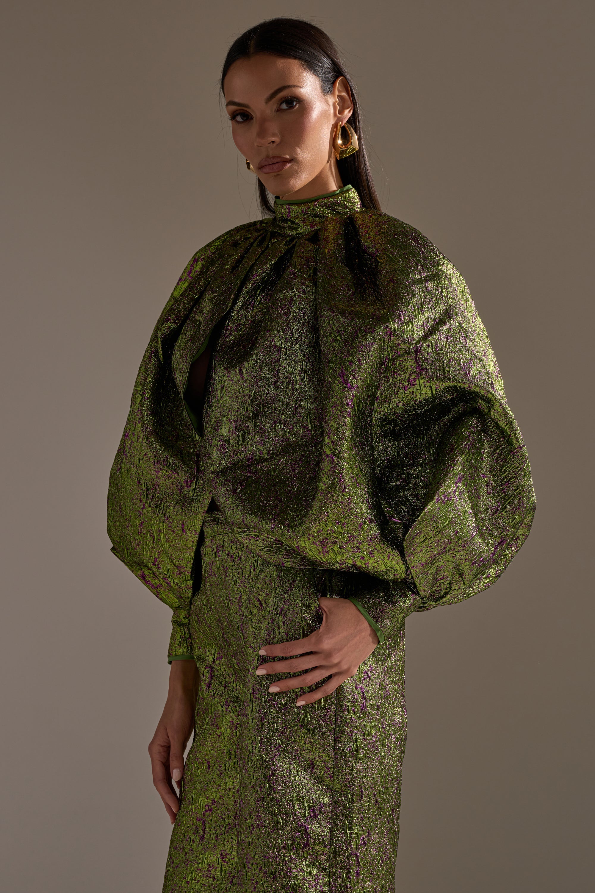 LAYLA BROCADE PUFF SLEEVE MOCK NECK TOP