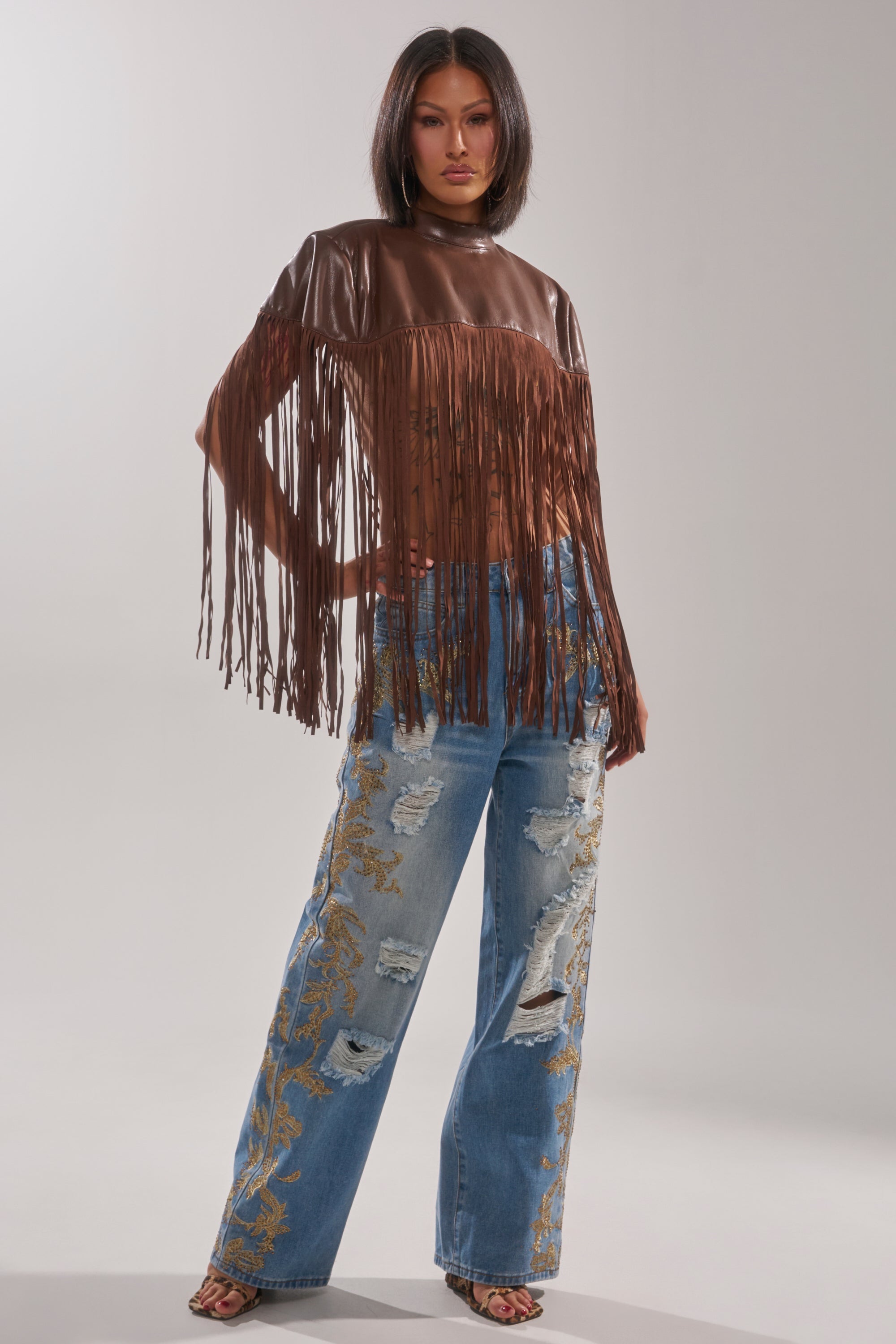FRINGE FOR DAYS FAUX LEATHER TOP