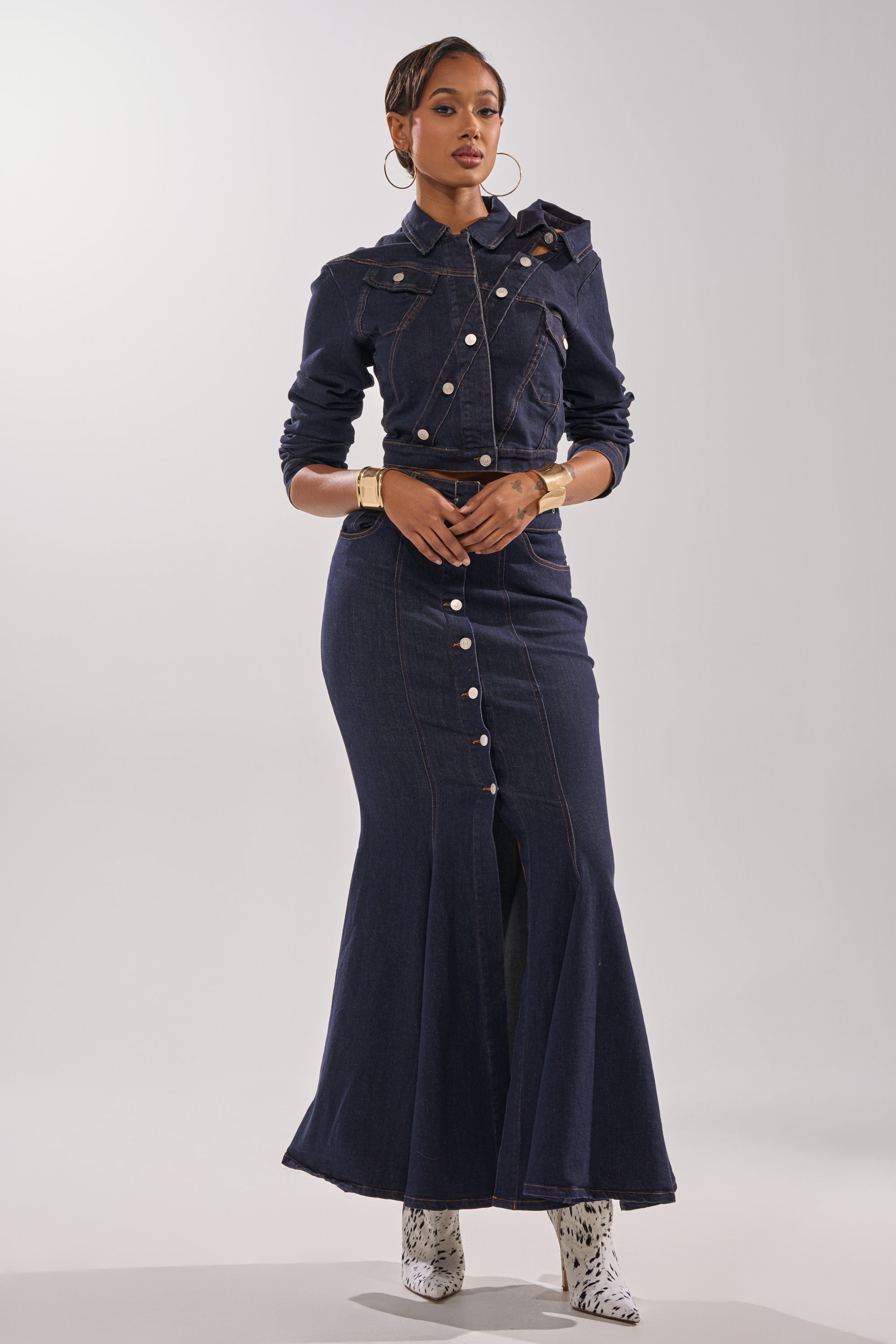 YOU GOT ME SPINNING DENIM MAXI SKIRT