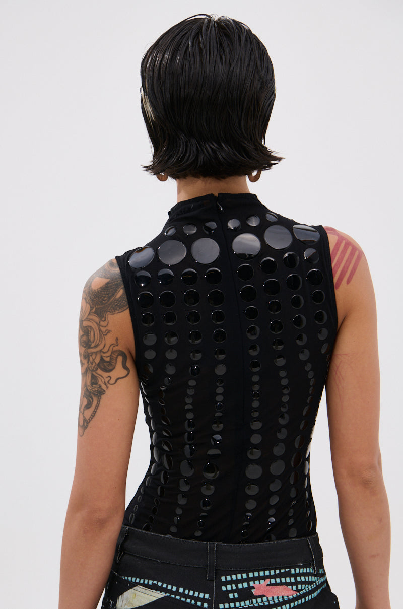 NOT MY FAULT SLEEVELESS BODYSUIT IN BLACK