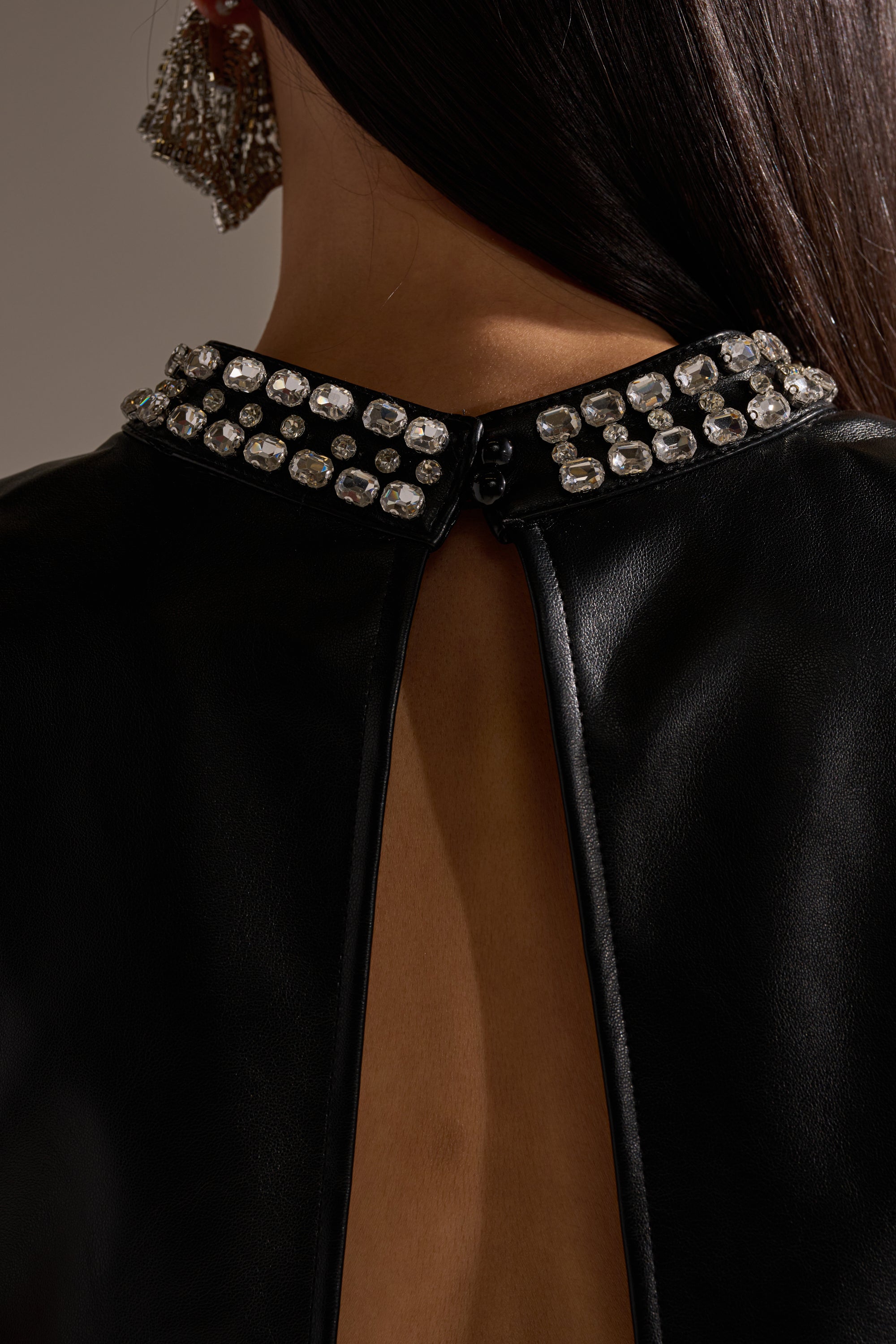 DANCE THE NIGHT AWAY FAUX LEATHER RHINESTONE BLOUSE