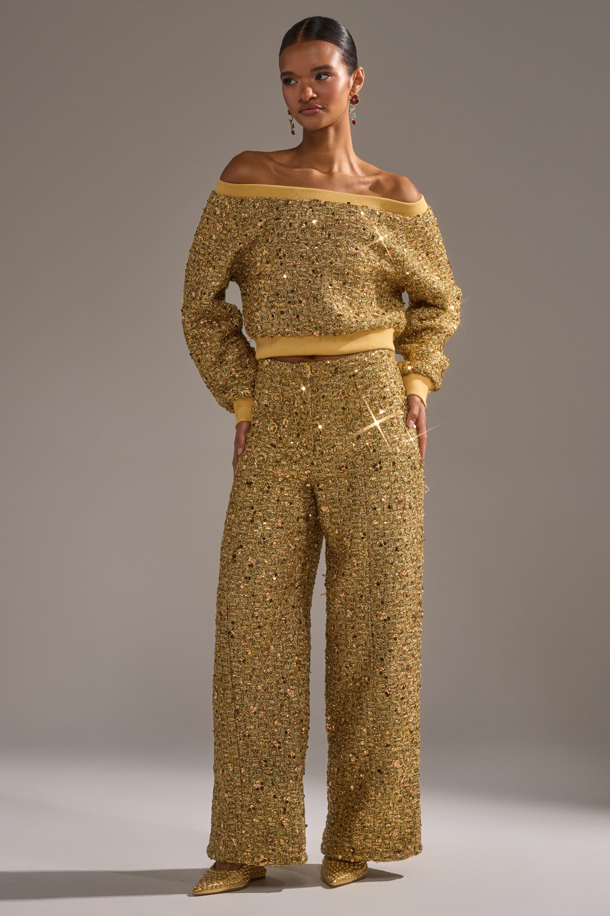 PRETTY IN GOLD OFF THE SHOULDER SWEATSHIRT