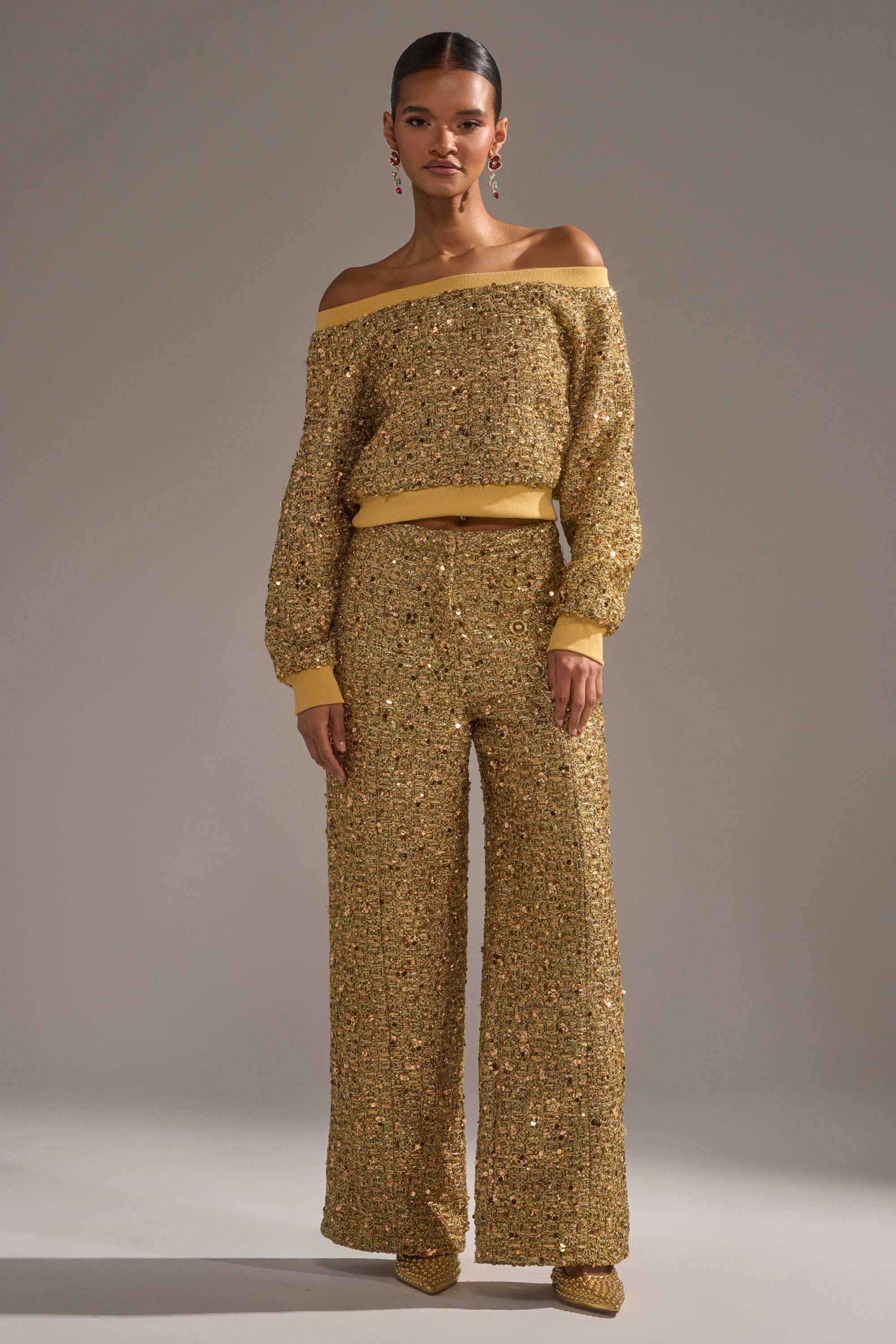 PRETTY IN GOLD OFF THE SHOULDER SWEATSHIRT