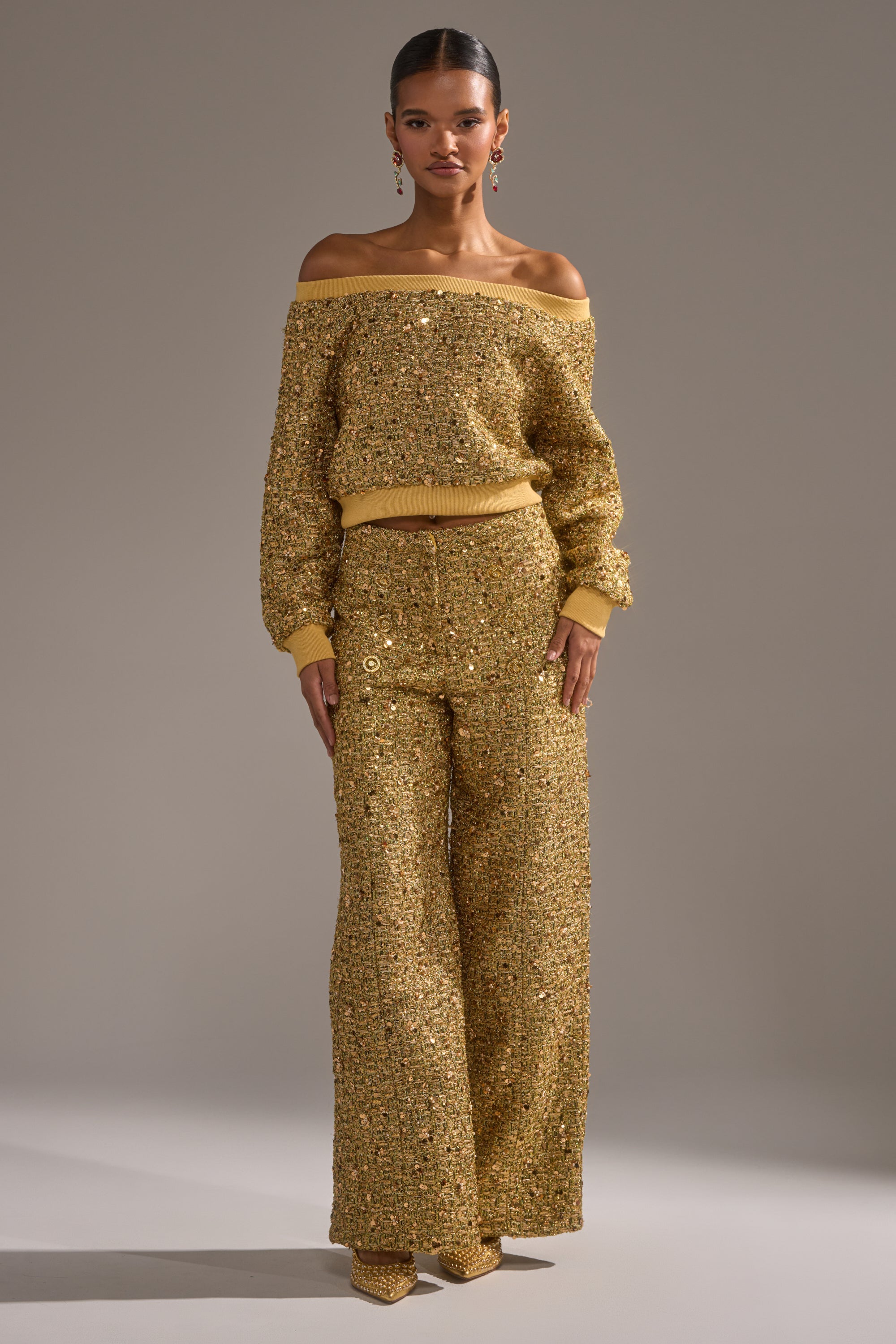 PRETTY IN GOLD OFF THE SHOULDER SWEATSHIRT