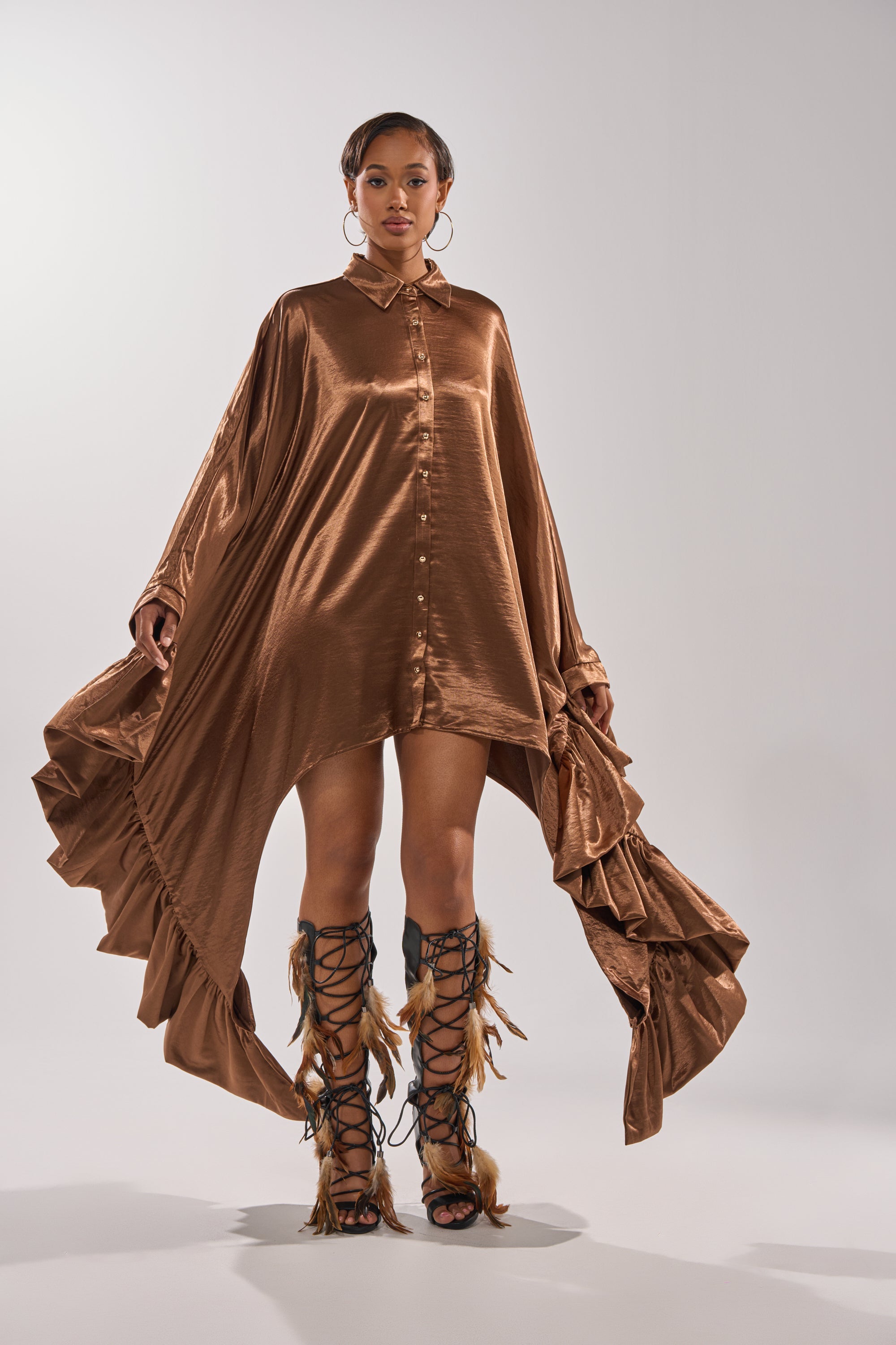 WONDERLUST SATIN LONG SLEEVE MINI DRESS IN BROWN