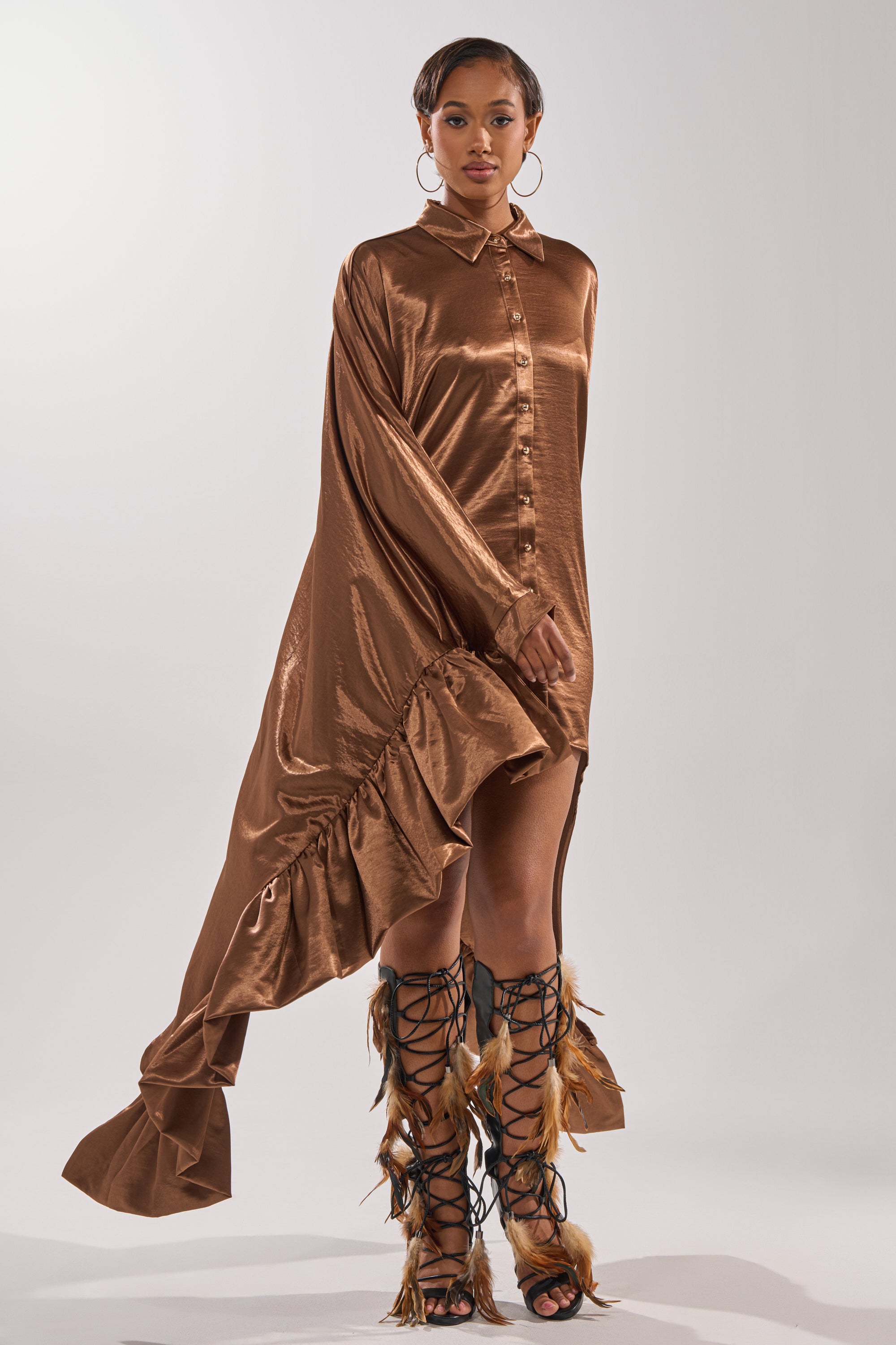 WONDERLUST SATIN LONG SLEEVE MINI DRESS IN BROWN