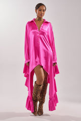 WONDERLUST SATIN LONG SLEEVE MINI DRESS IN PINK