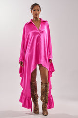 WONDERLUST SATIN LONG SLEEVE MINI DRESS IN PINK