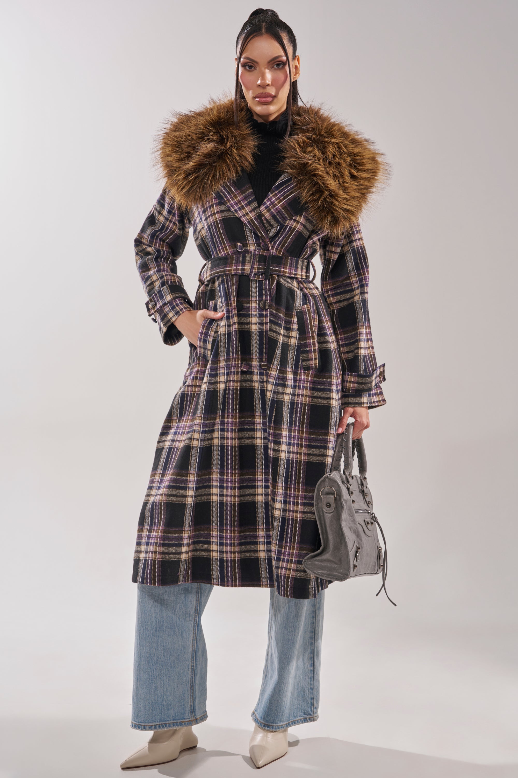 SWEPT UP FUR TRIM TRENCH