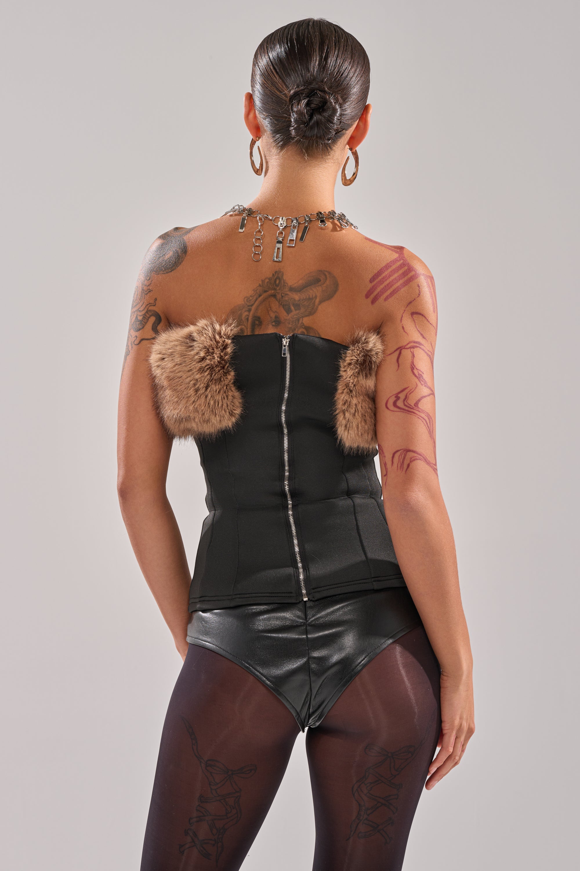 SO CHIC FAUX LEATHER BLOUSE WITH FUR TRIM