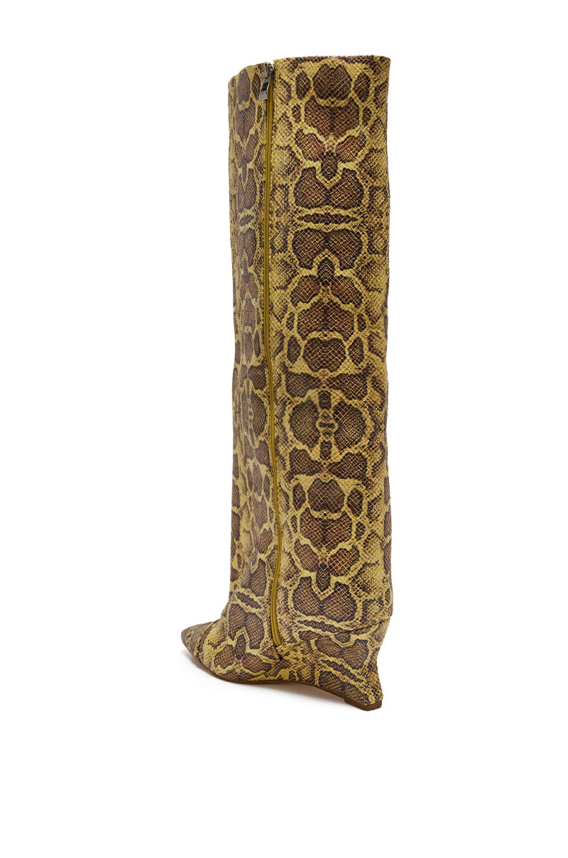 AZALEA WANG KENYA YELLOW SNAKE PRINT KNEE HIGH WEDGE BOOT