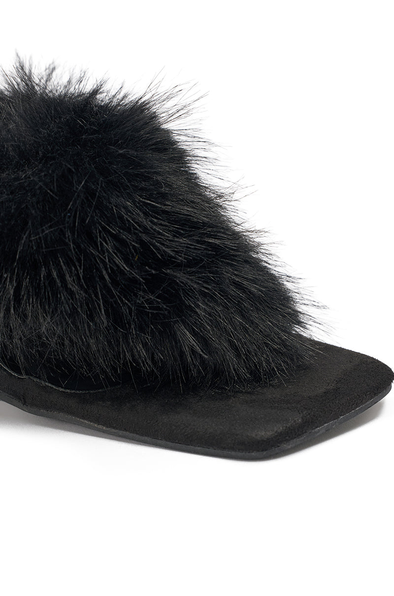 AKIRA GOLD KIRI BLACK FUR THONG SANDAL WITH CLEAR HEEL
