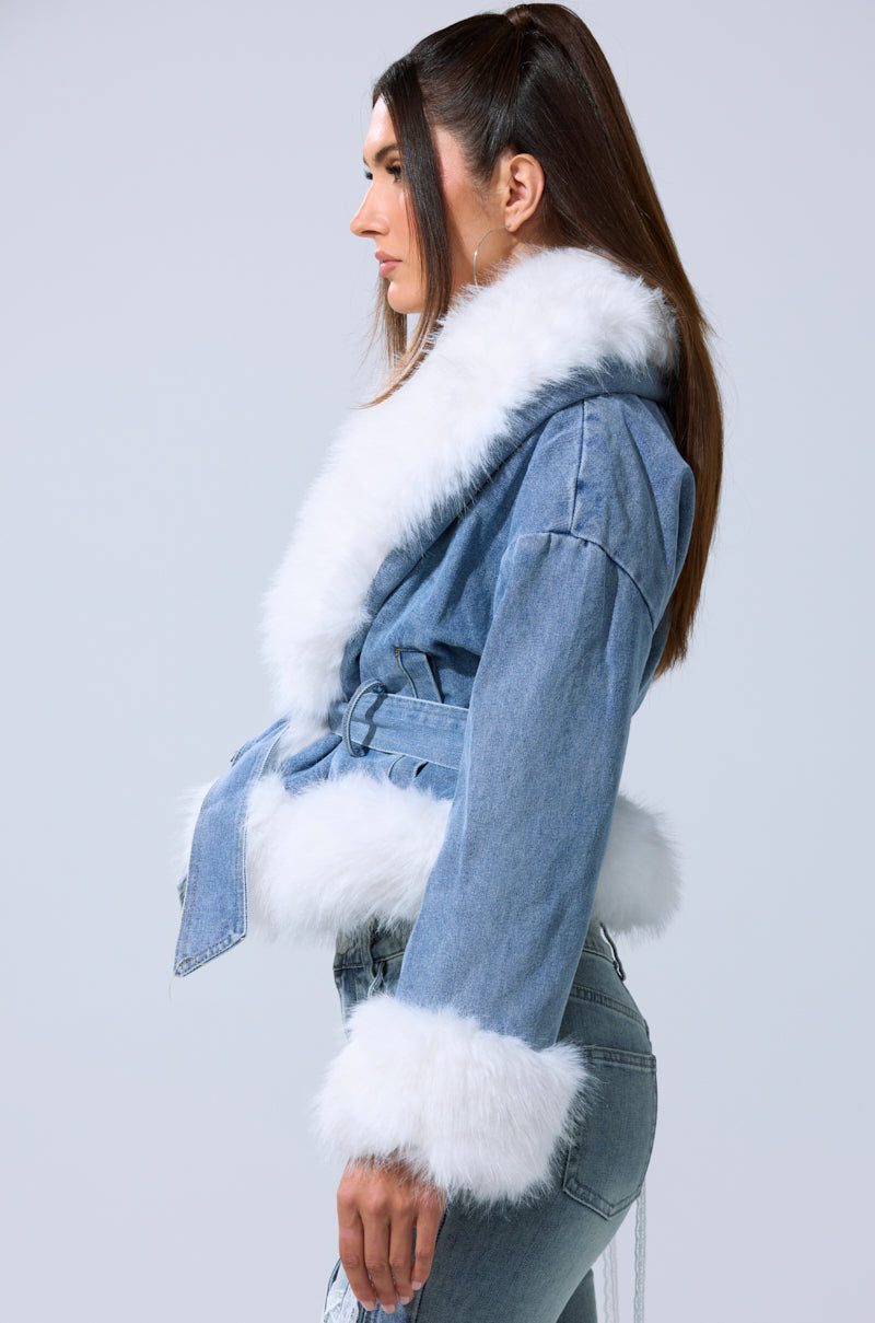 LAINEY FUR TRIM DENIM MOTO
