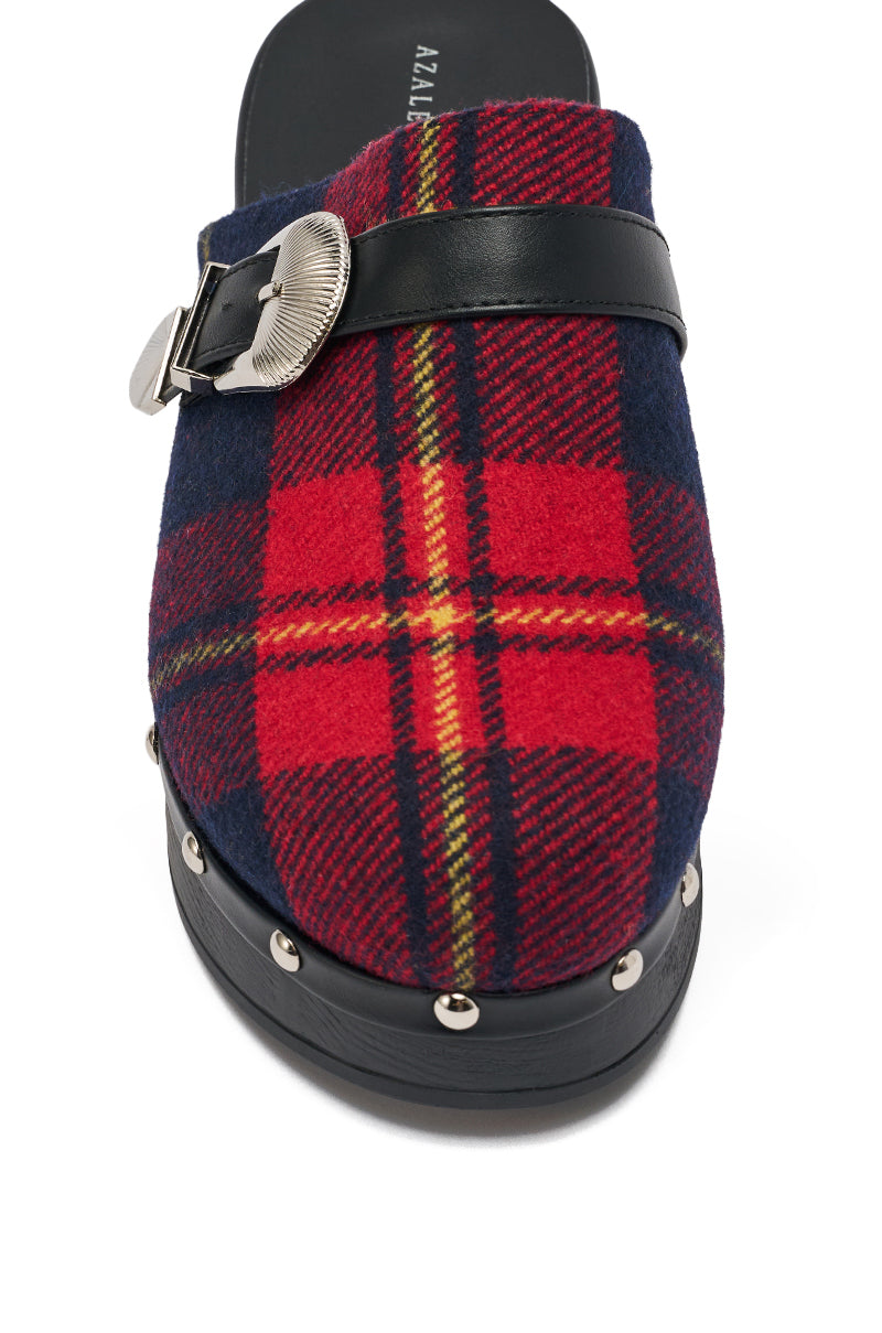 AZALEA WANG LATIFAH RED PLAID CHUNKY HEEL MULE