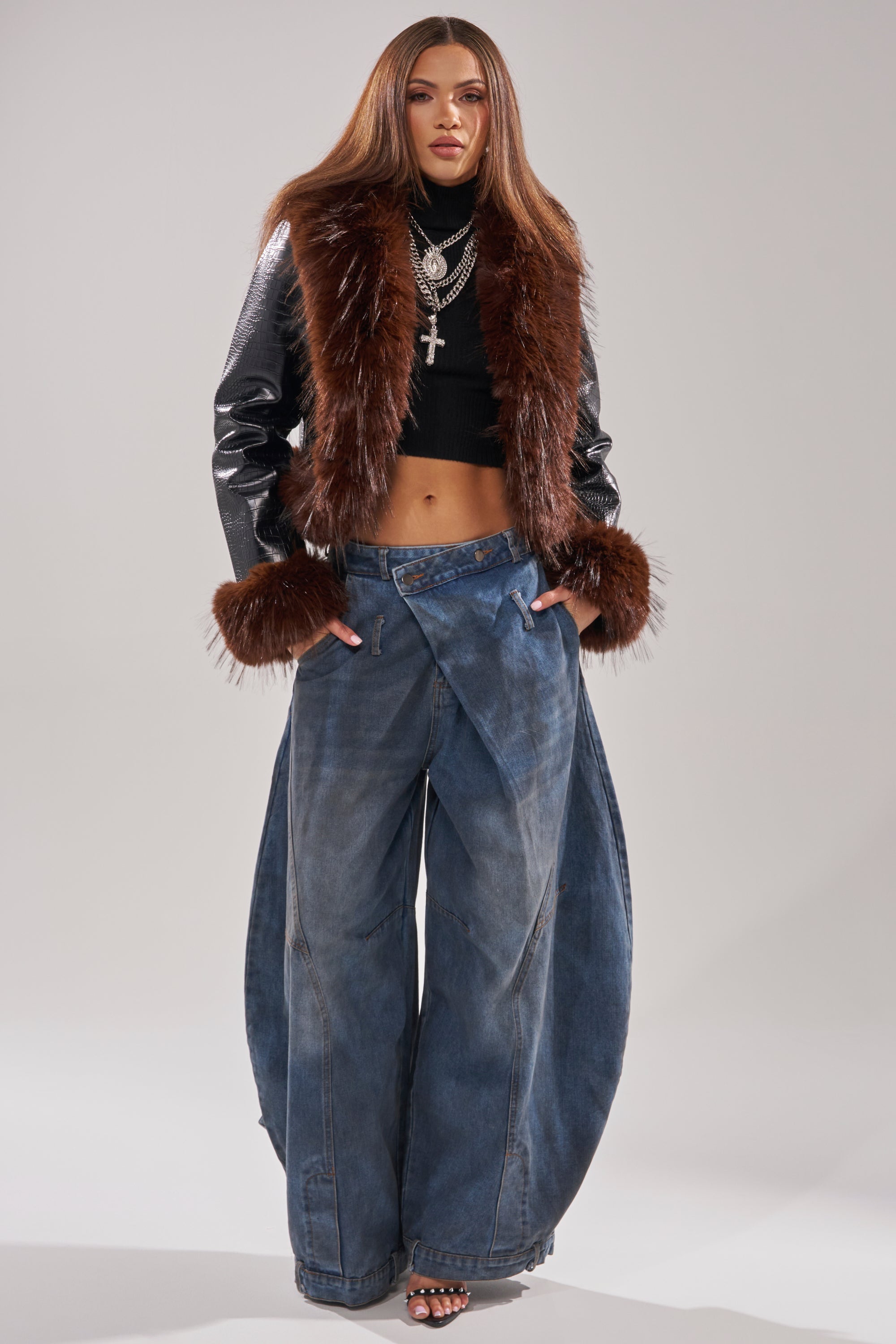 LUNNA FUR TRIM MOTO IN BLACK CROC