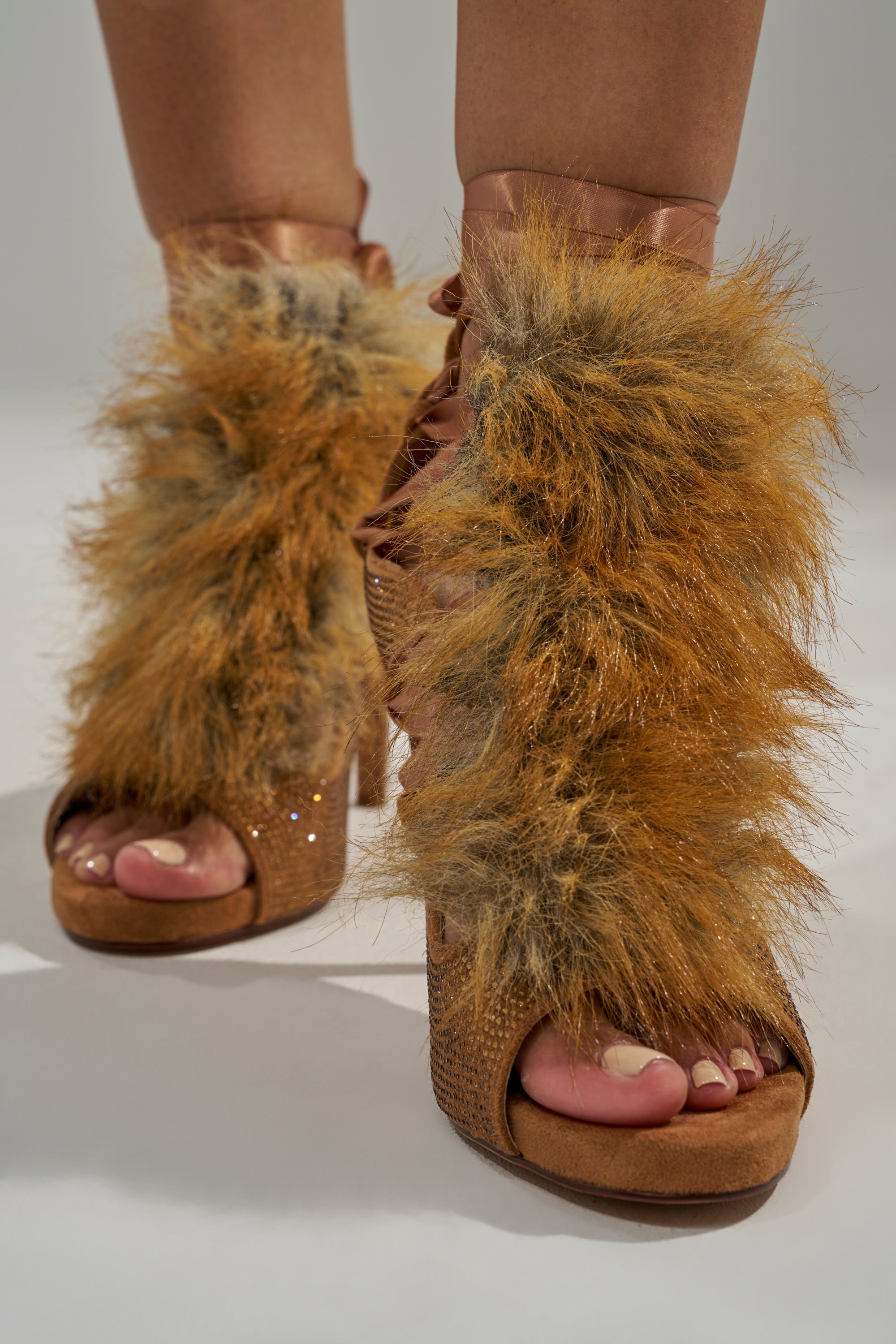 AZALEA WANG MADHAV BRONZE RHINESTONE AND FOX FUR SANDAL