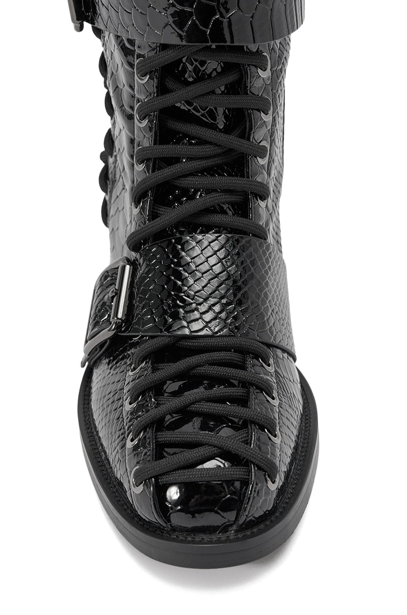 AZALEA WANG MAKAR BLACK CROC LACE UP DETAIL BOOT