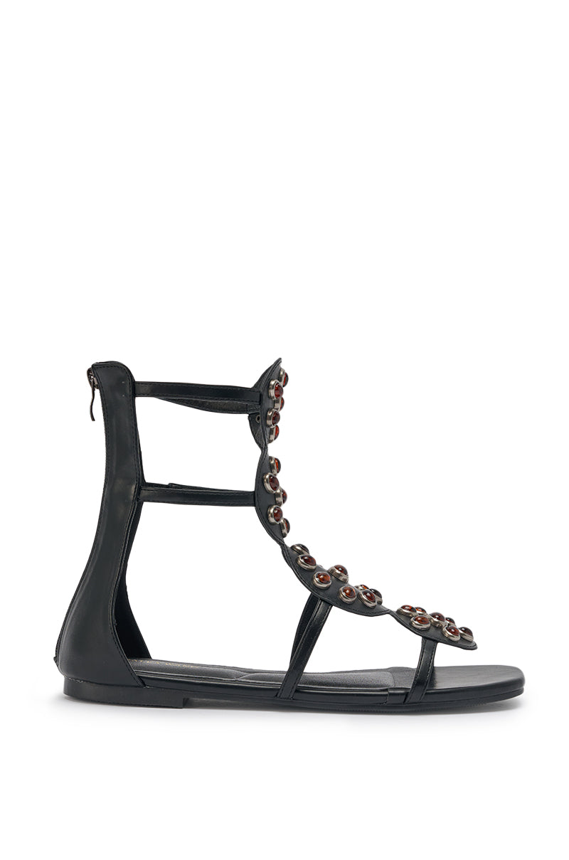 AZALEA WANG MIKAERE BLACK BROWN STONE EMBELLISHED FLAT STRAP SANDAL