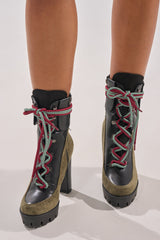 AKIRA GOLD MUFFLER GREENMULTI CHUNKY HEEL BOOTIE