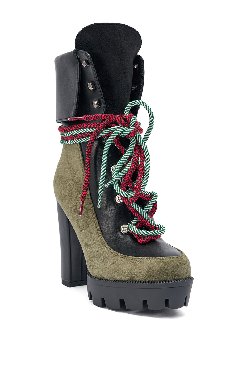 AKIRA GOLD MUFFLER GREENMULTI CHUNKY HEEL BOOTIE