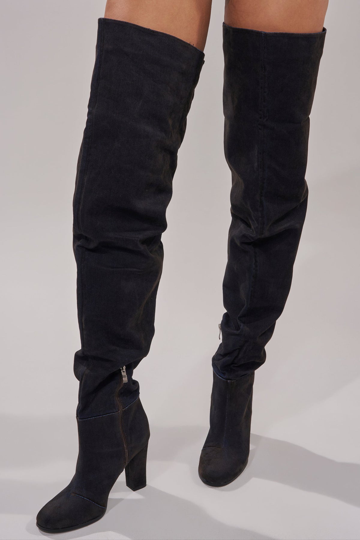 AZALEA WANG NANETTE BLACK DENIM SLOUCHY BLACK ROUND TOE CHUNKY BOOT