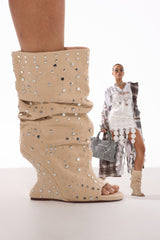 AZALEA WANG NAOMANI FAUX SUEDE BEIGE STUDDED OPEN TOE HEEL