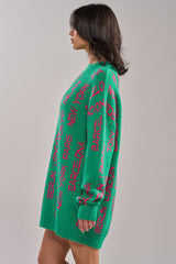 AROUND THE WORLD SWEATER MINI DRESS IN GREEN