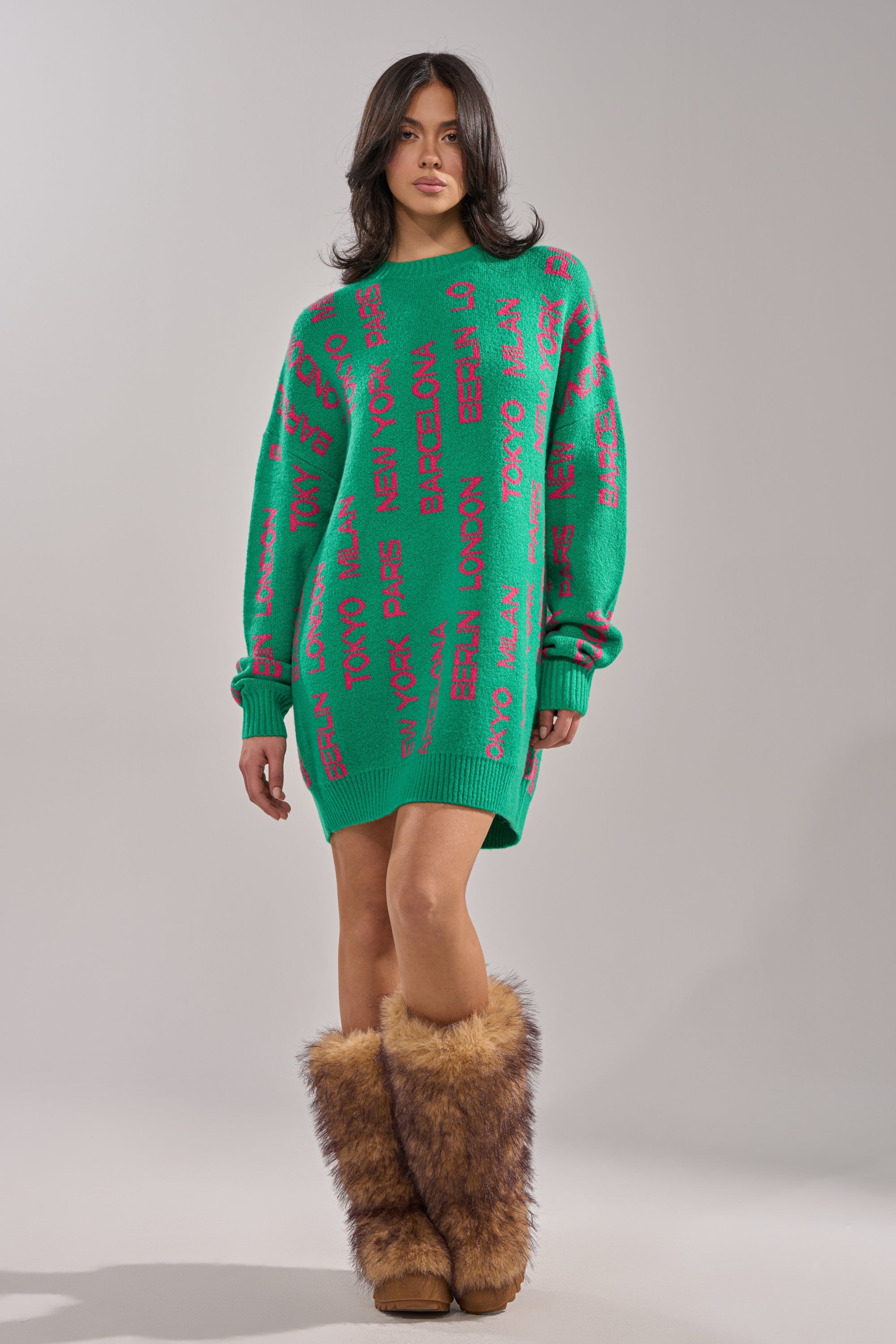 AROUND THE WORLD SWEATER MINI DRESS IN GREEN