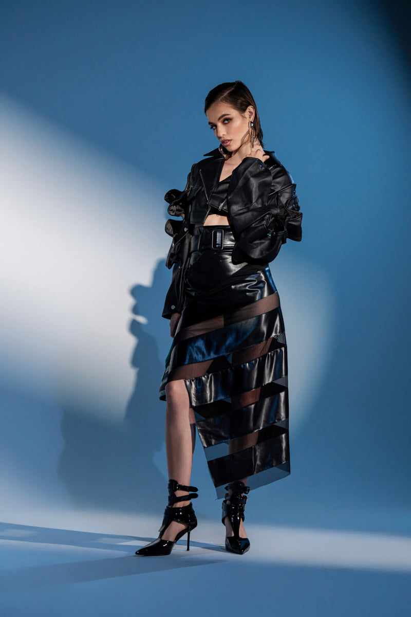 SOMETHING DIFFERENT MESH MIDI SKIRT WITH FAUX LEATHER
