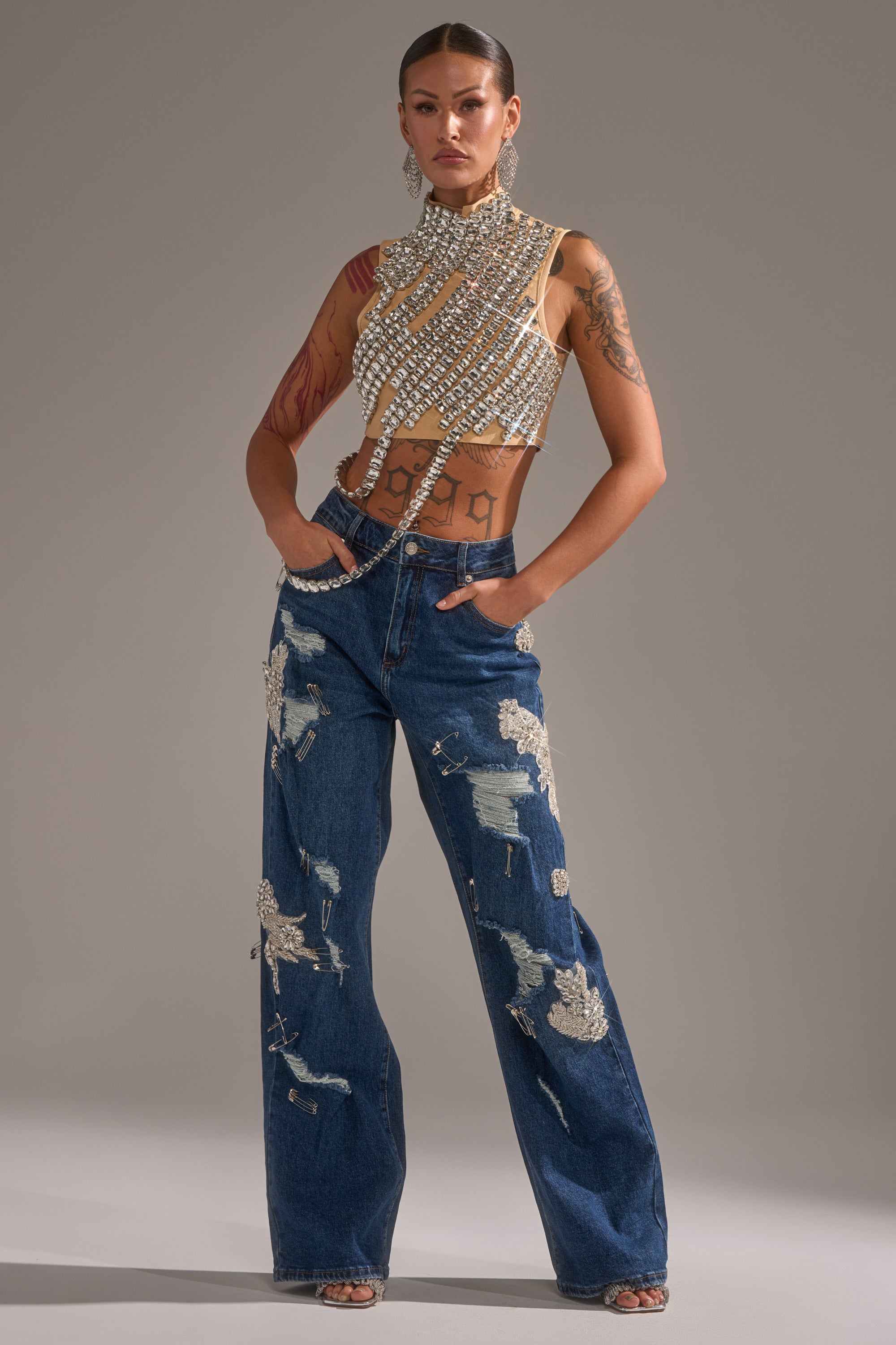 ITS YOUR TIME RHINESTONE MOCK NECK BLOUSE