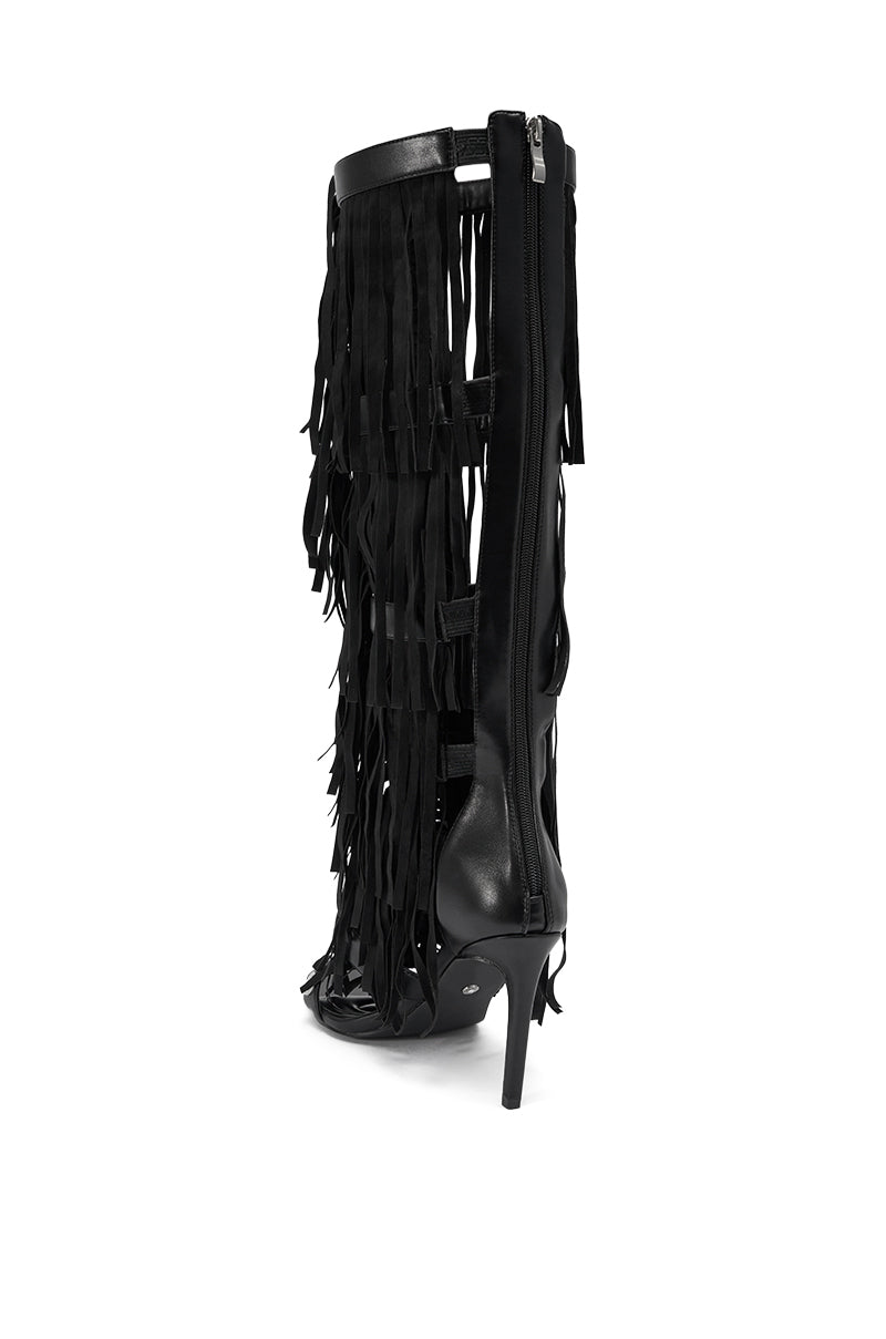 AZALEA WANG SAMEYANA BLACK FRINGE AND METAL STILETTO GLADIATOR SANDAL