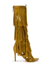 AZALEA WANG SAMEYANA MUSTARD FRINGE AND METAL STILETTO GLADIATOR SANDAL