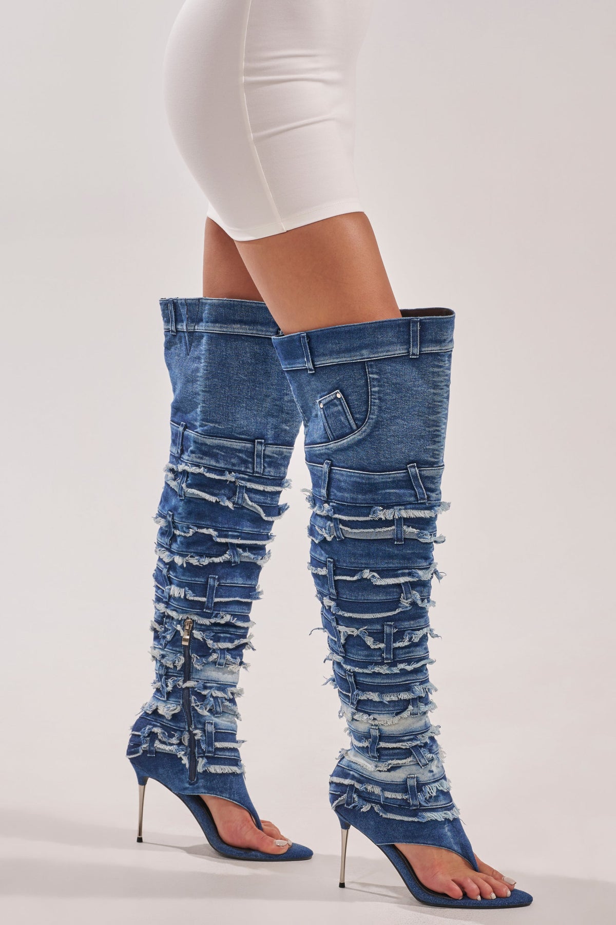 AZALEA WANG SENA DENIM STILETTO OPEN TOE BOOT