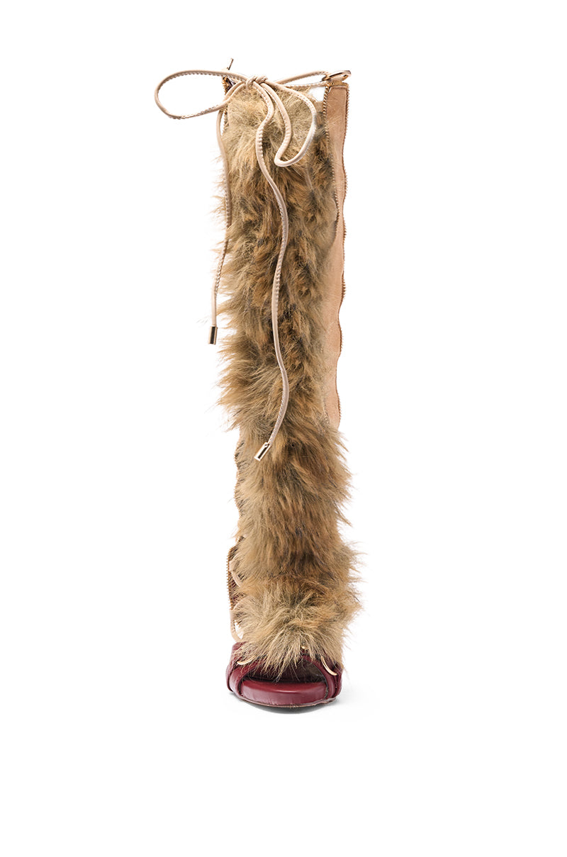 AZALEA WANG SHAINE MULTI GLADIATOR STITCH AND FUR SANDAL