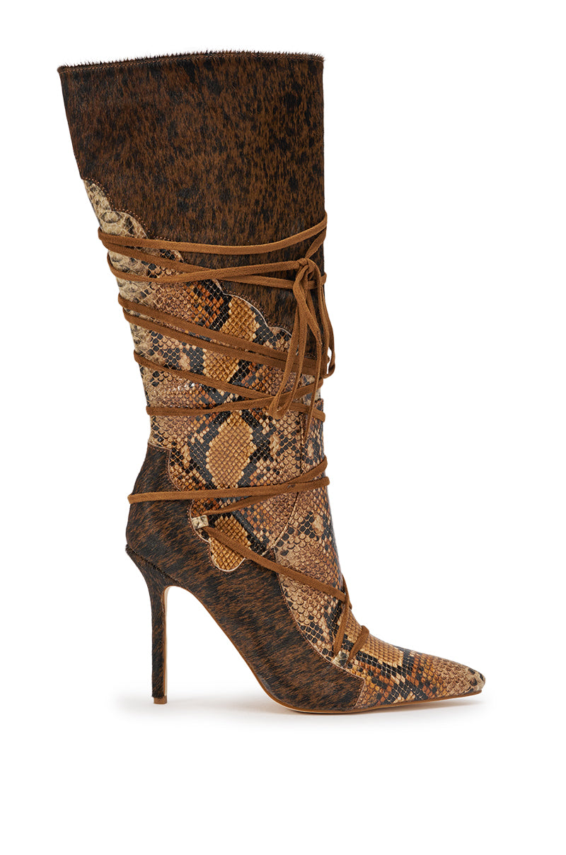 AZALEA WANG SHERYL BROWN COW AND SNAKE STILETTO BOOT