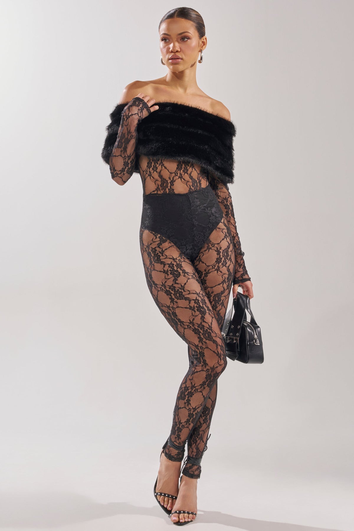 LACE N FUR SLEEVELESS JUMPSUIT