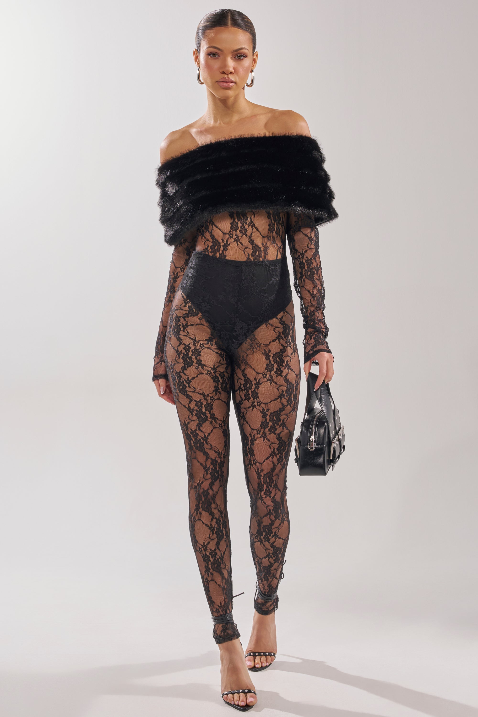LACE N FUR SLEEVELESS JUMPSUIT