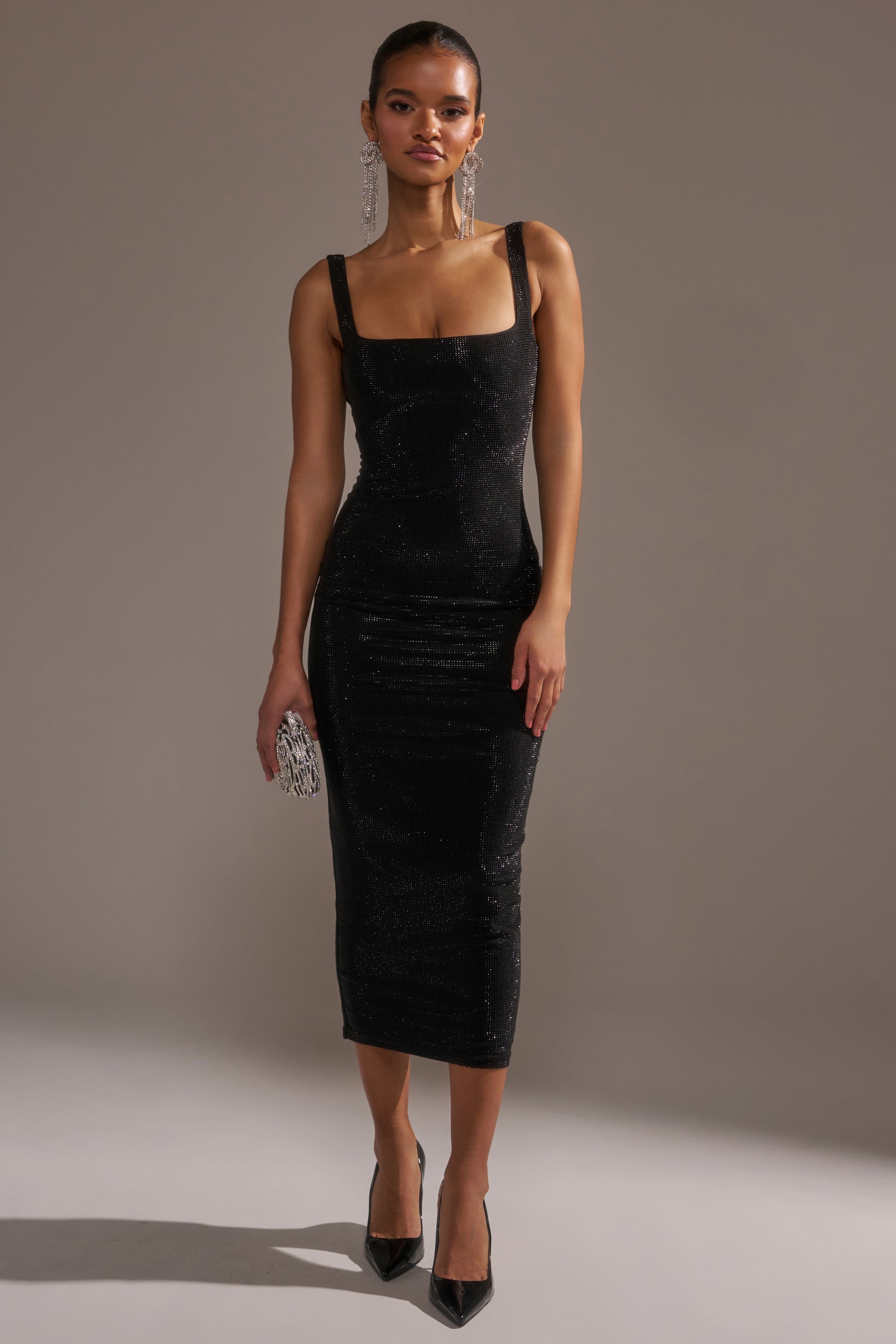 CLASSY BUT SASSY RHINESTONE MIDI DRESS IN BLACK