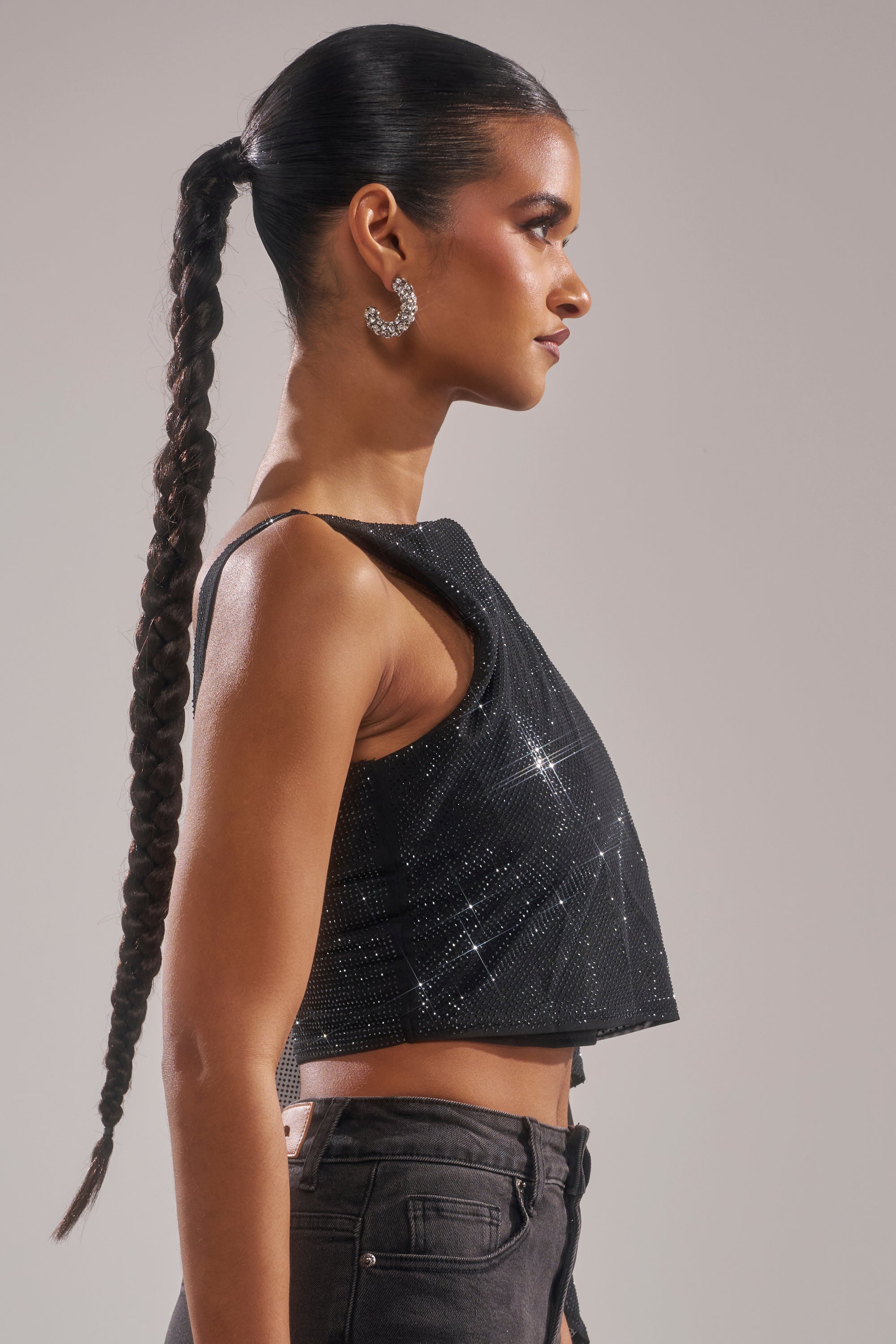 TOO HOT FOR YOU RHINESTONE MESH TOP