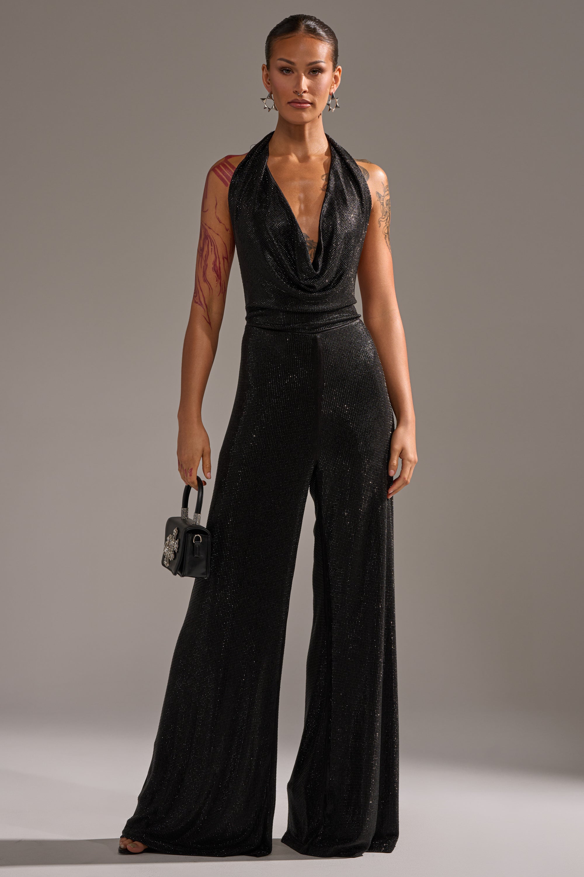 MAKE YOU DO A DOUBLE TAKE RHINESTONE JUMPSUIT IN BLACK