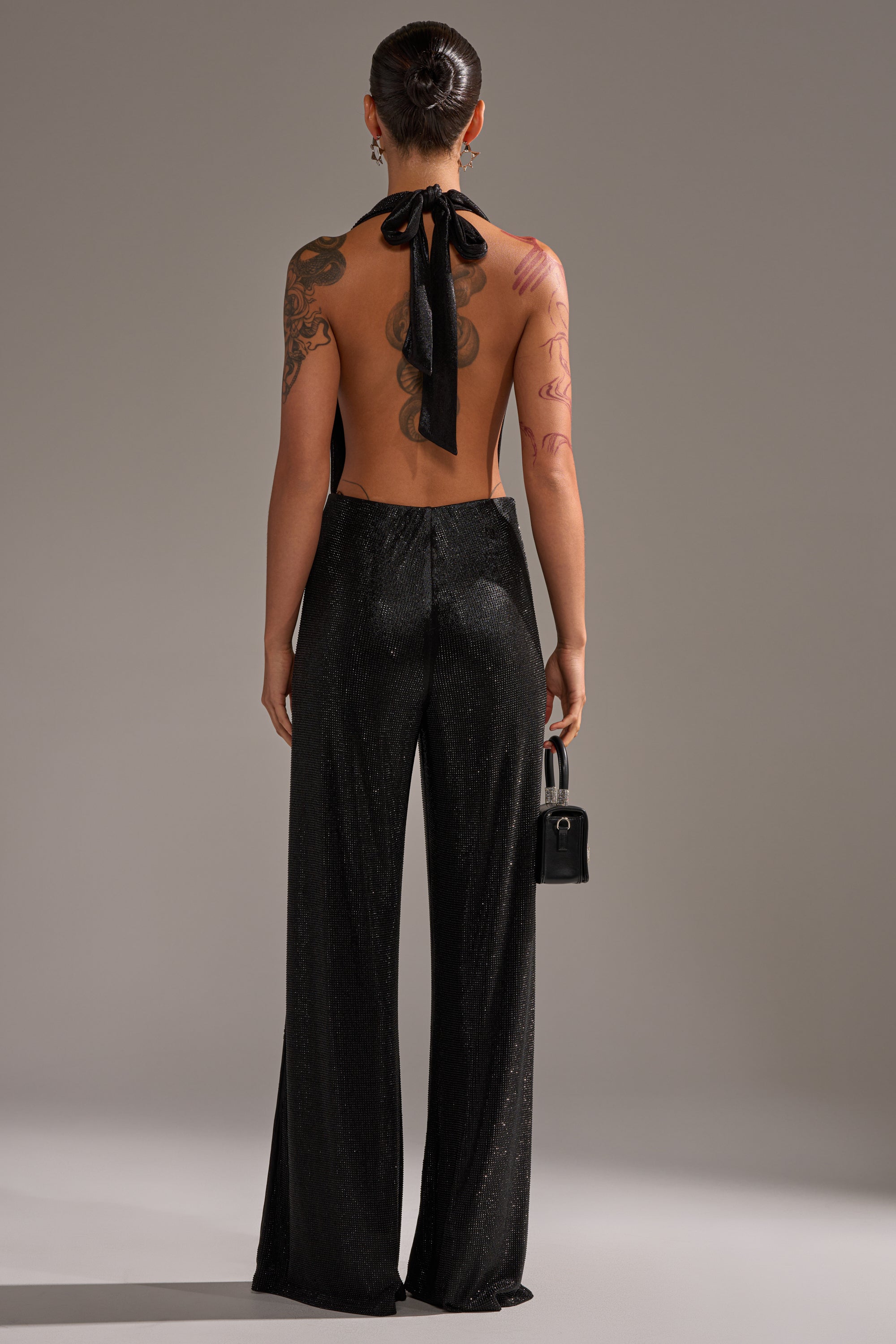 MAKE YOU DO A DOUBLE TAKE RHINESTONE JUMPSUIT IN BLACK