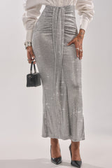 BRIGHT LIGHTS RHINESTONE MAXI SKIRT IN SILVER