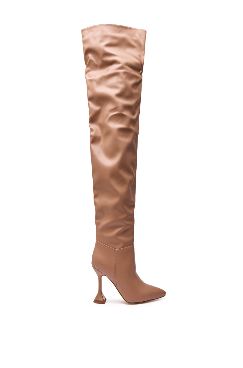 AZALEA WANG STEPHAN BEIGE PU FLARED HEEL RUCHED BOOT