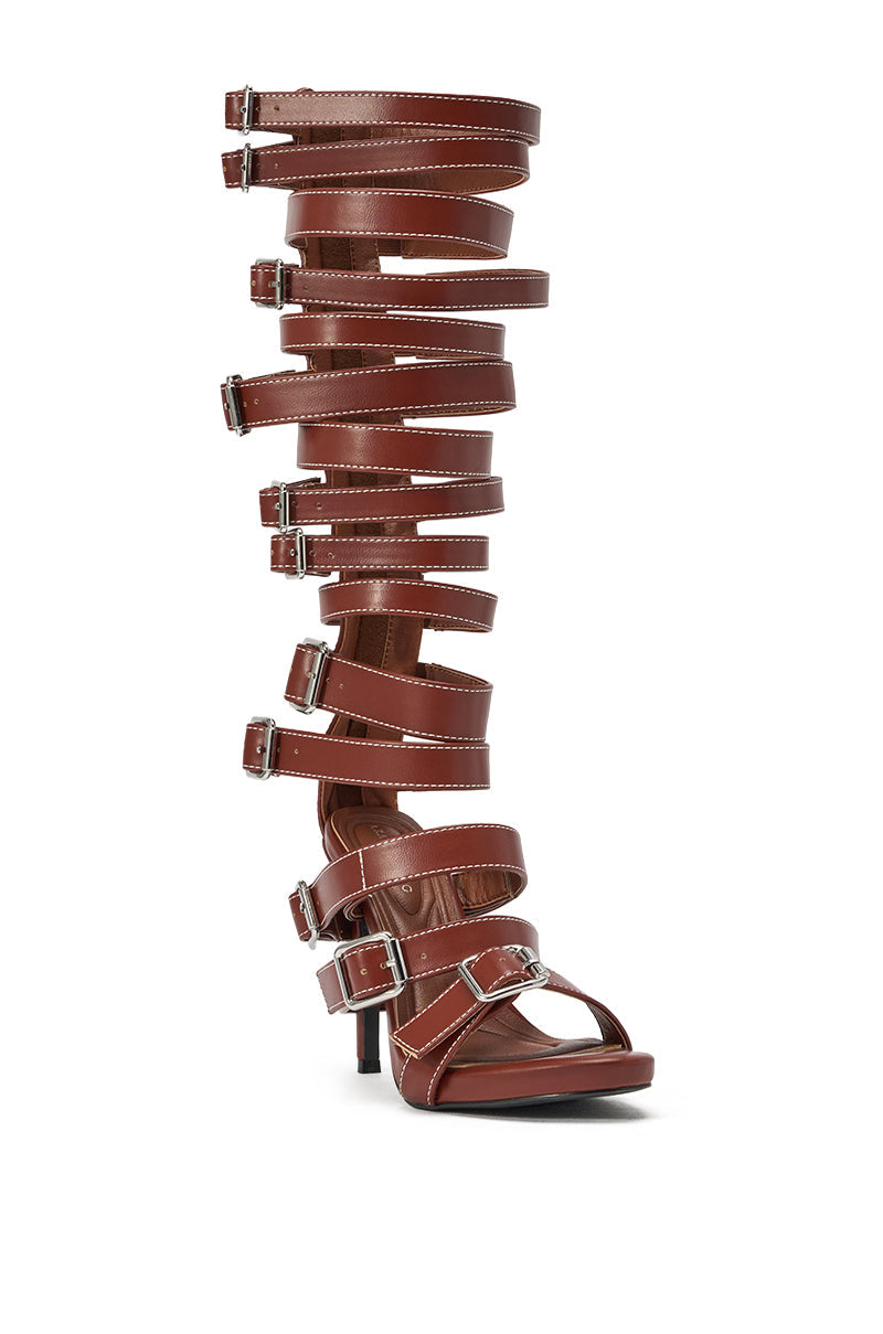 AZALEA WANG STITCH BROWN PU HARDWARE EMBELLISHED STILETTO SANDAL