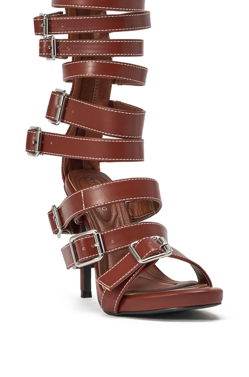 AZALEA WANG STITCH BROWN PU HARDWARE EMBELLISHED STILETTO SANDAL