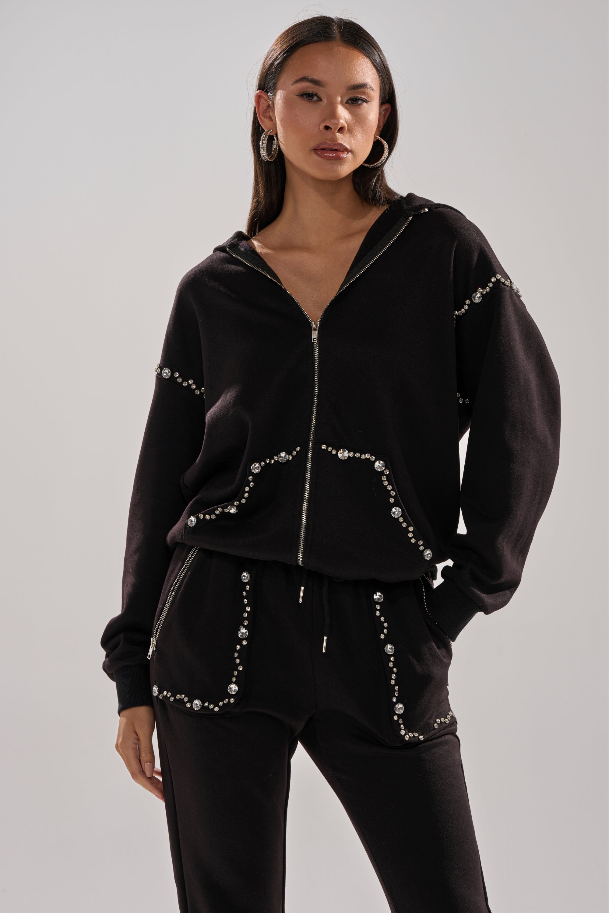 COZY HOLIDAY RHINESTONE ZIP UP SWEATSHIRT IN BLACK