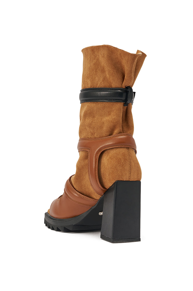 AZALEA WANG THIERRY TAN FAUX SUEDE OPEN TOE CHUNKY BOOTIE
