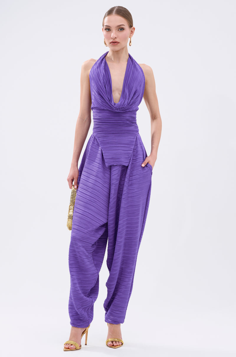 MAYAH COWL NECK PLISSE SLEEVELESS TOP IN PURPLE