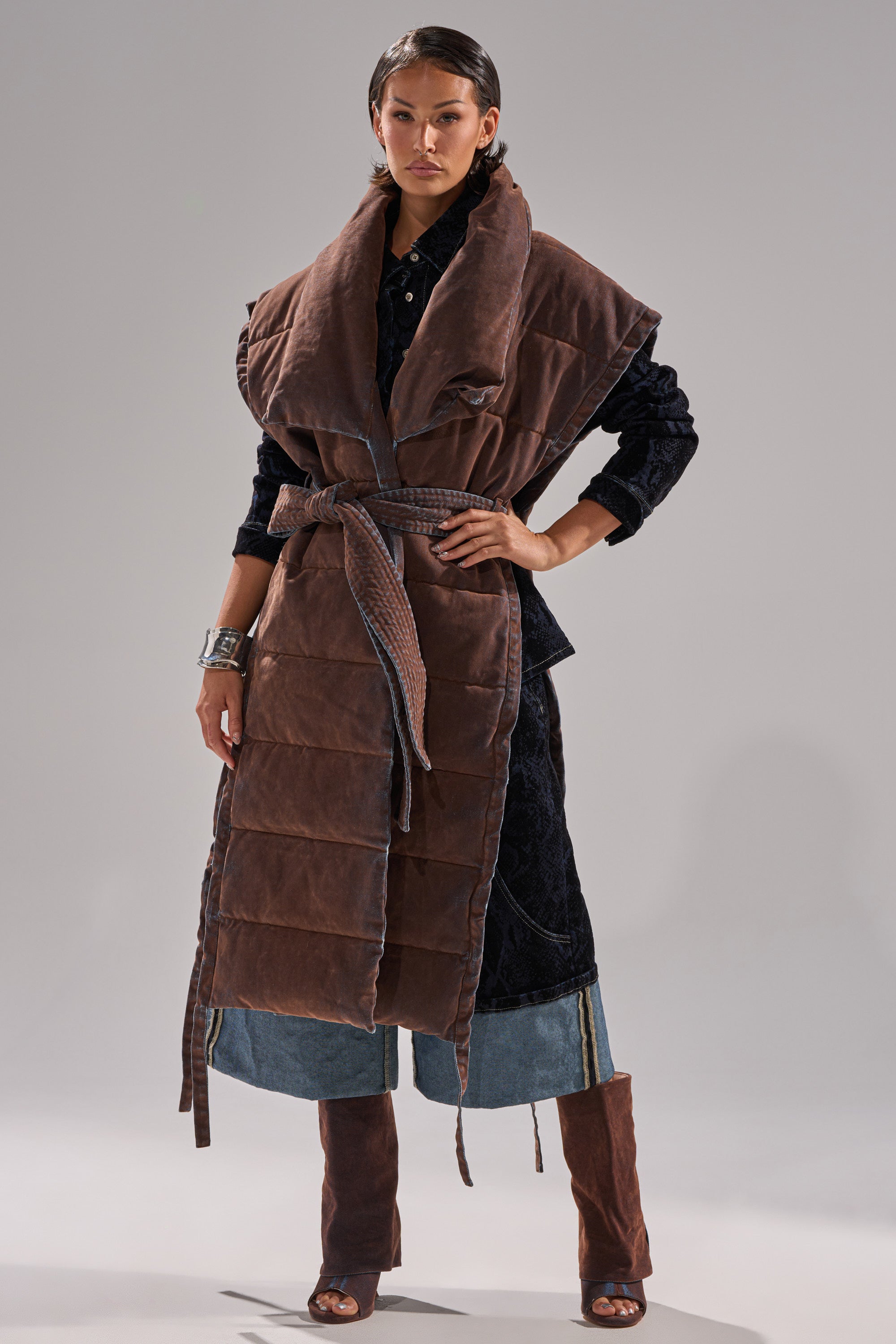 PILOT JONES LONGLINE PUFFER VEST IN VELVET DENIM