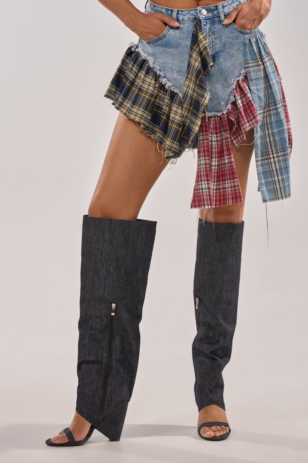 AZALEA WANG VEONA DARK DENIM OVER THE KNEE CHUNKY HEEL SANDAL